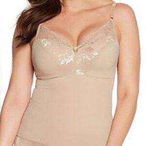 Rhonda Shear Pin-Up Lace Camisole Smoothing Tank with Built in Bra~ Nude 1X
